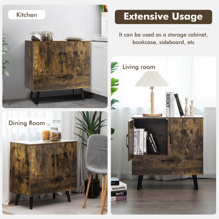 Mid-century storage cabinet in rustic brown with 2 doors and 1 pull-out drawer, ideal for living or dining room use.